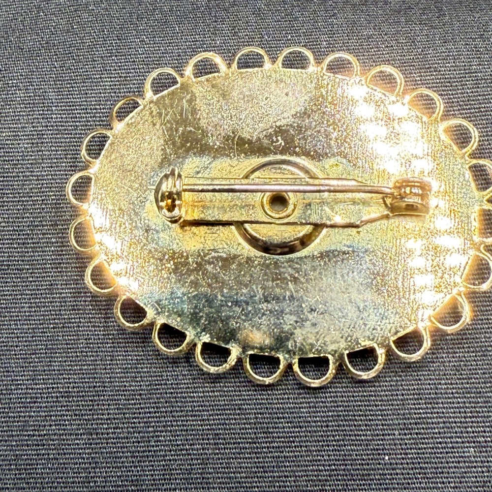 Vintage Gold Tone Oval Mother of Pearl Shell Wire Loop Border Brooch Pin 80s - Picture 6 of 9